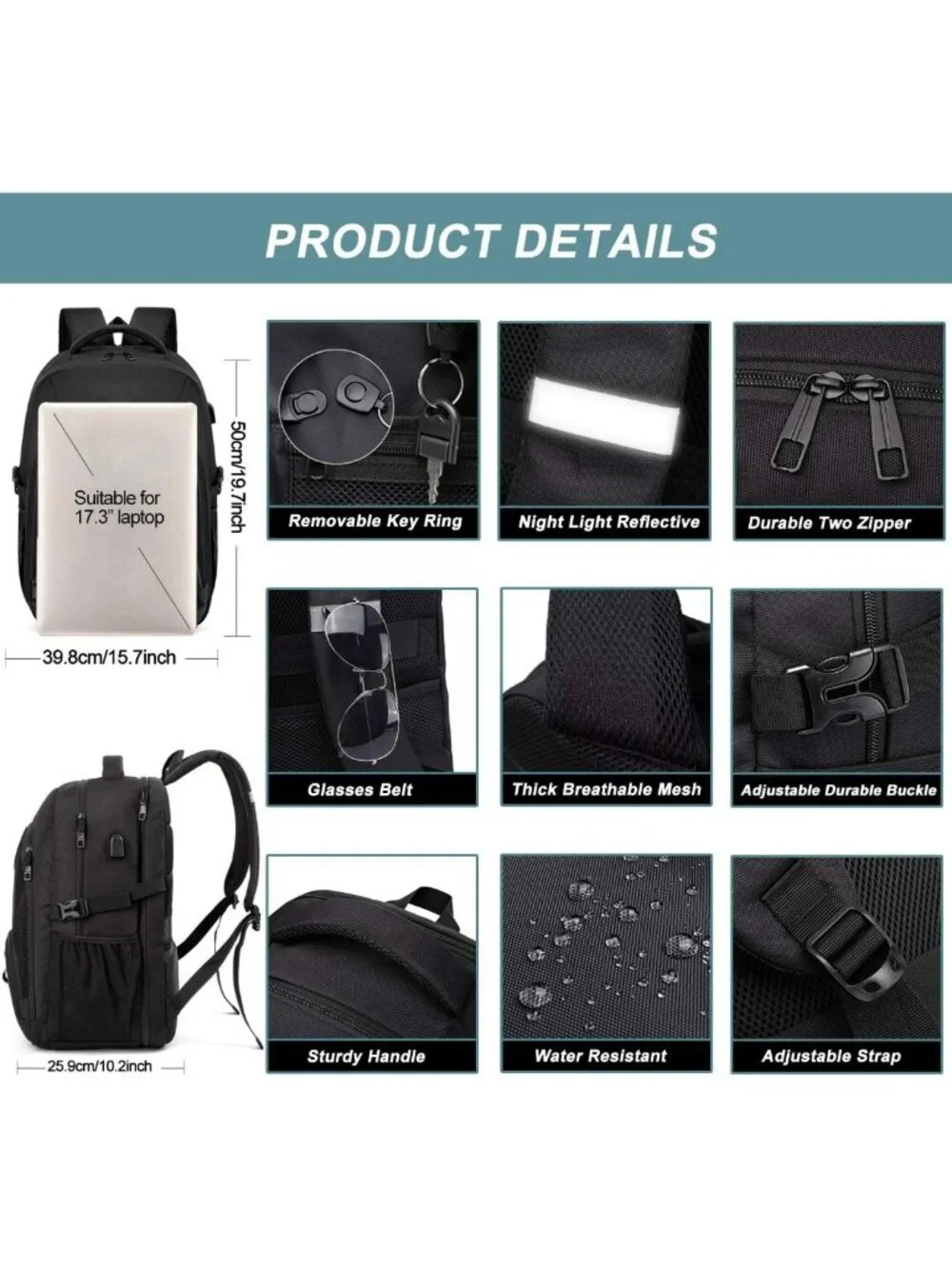 Water Resistant 50L Extra Large Travel Laptop Backpack with USB Port
